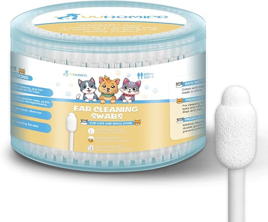 Small-Head Dog Ear Swabs, Gourd Cotton Tips, 260 pcs | Soft cotton-paper sticks in sealed packs for folds, paws, post-play cleanup, bathroom or travel.