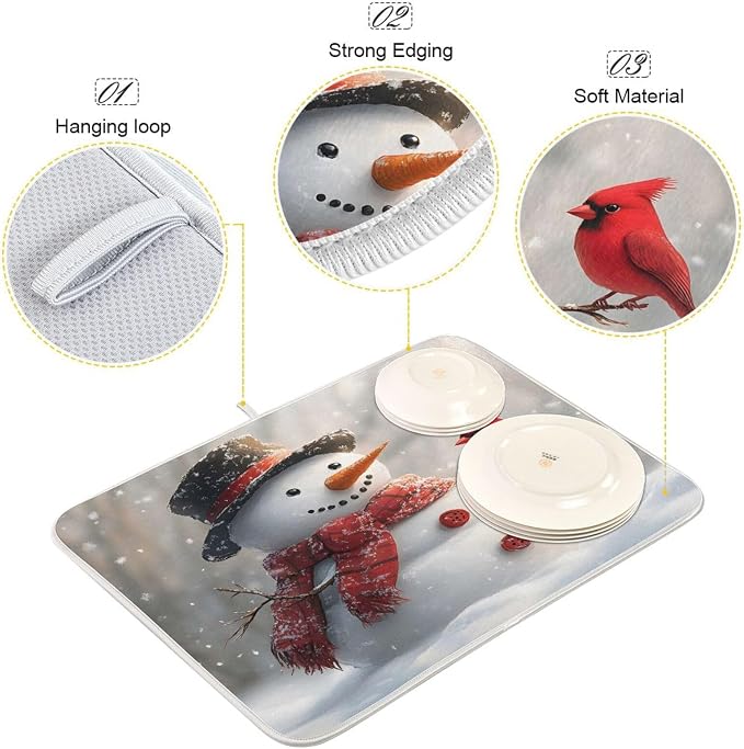 Snowman Cardinal Bird Absorbent Dish Drying Mat, Dishes Drainer Protector Pad Pot Holder for Kitchen 18 x 24 Inch