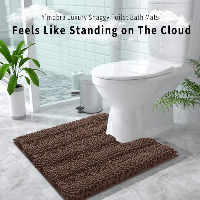Yimobra Toilet Rugs U Shaped Washable 24 x 20, Non Slip and Super Absorbent Toilet Mat, Quick Dry, Ultra Luxury Microfiber Chenille Plush Fluffy Contour Bath Rugs for Toilet Base, Brown