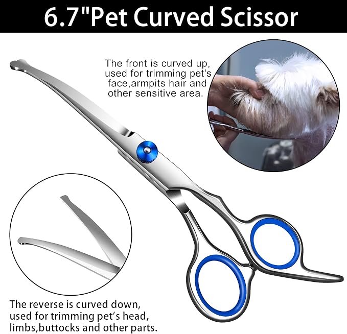 Dog Grooming scissors Kit,Includes Curved Thinning straight scissors,Comb,Grooming nail clipers,Nail Trimmer,Dog Grooming Scissors with Safety Round Tips,pet Grooming kit for Small Dogs&Puppies