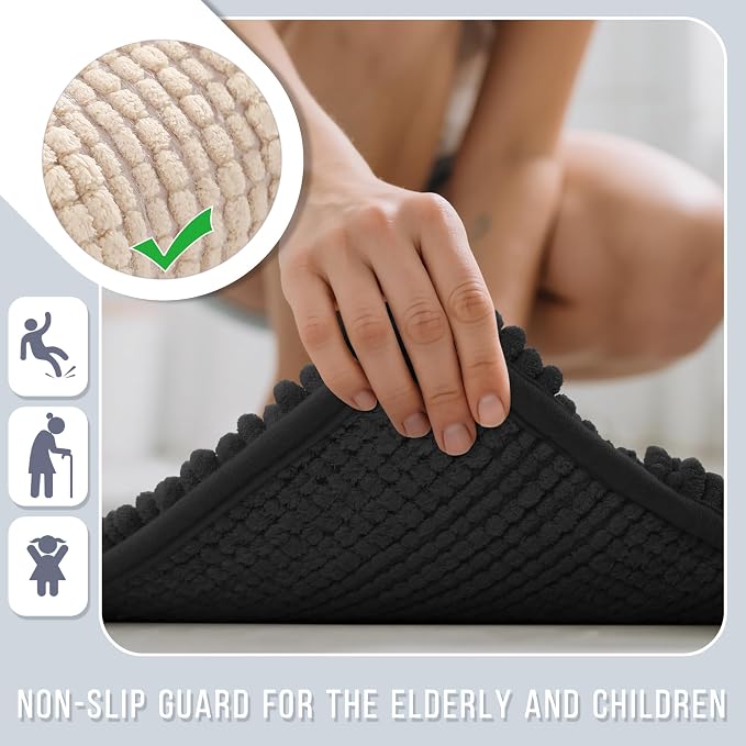 Yimobra Bathroom Runner Rugs 60"x24", Non Slip and Absorbent Bath Mat, Super Soft Water Absorbent Hallway Carpet, Machine Washable Rug for Vanity Tub Shower, Black
