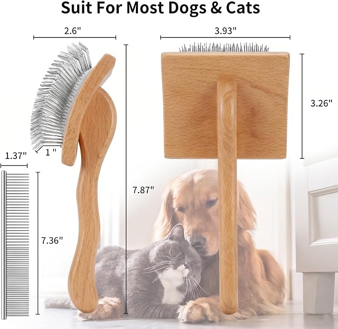 Wooden Long Pin Slicker Brush for Dogs, Doodles, Poodles, Long Hair | Grooming, Detangling, and Fluffing for Wavy and Curly Hair—Designed for Heavy, Thick Coats to Prevent Matting at Home