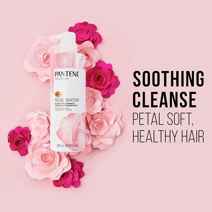 Pantene Sulfate Free Shampoo and Conditioner Set, Rose Water, Soothing and Moisturizing, Infused with Vitamin B5, for all Hair Types, Safe for Color Treated Hair, Pro-V Blend, 17.9 Fl Oz Each, 2 Pack