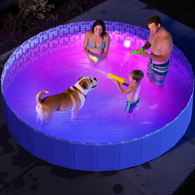 Foldable Dog Pool with RGB LED Light, 87" Collapsible Hard Plastic Kiddie Swimming Pool with Remote for Small Medium Large Doggie Kitty Puppy, Pet Bathing Tub Wading Pool for Dogs Blue