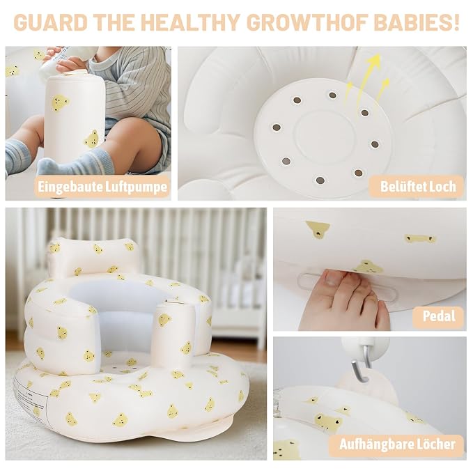 AirSwim Inflatable Baby Seat, Inflatable Baby Chair for Babies 3 Months and Up, Summer Blow Up Chair with Built in Air Pump, Infant Floor Seats for Learning to Sit, Palying, Camping, Bear Head