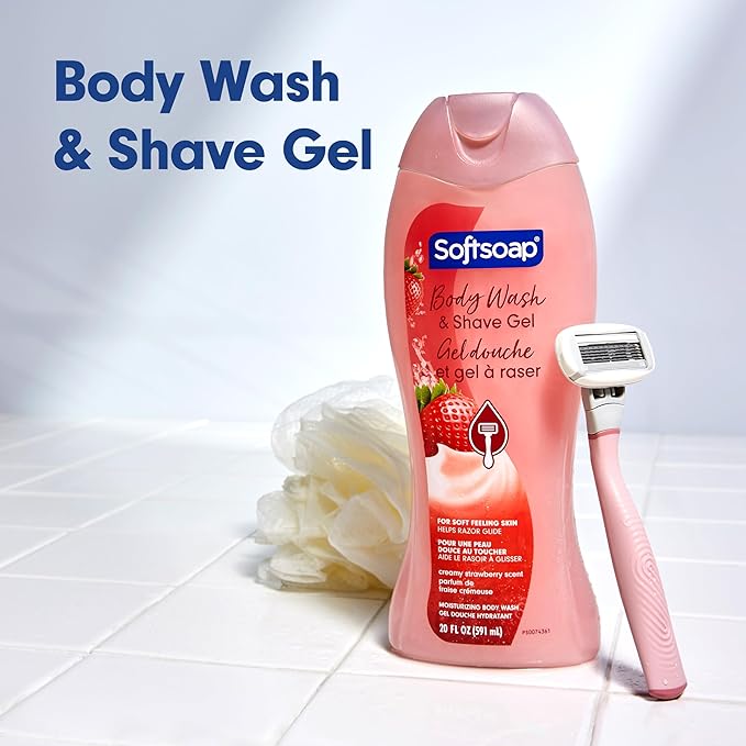 Softsoap Moisturizing Body Wash and Shave Gel, Creamy Strawberry Scent, 20 fl oz Bottle (Pack of 4)