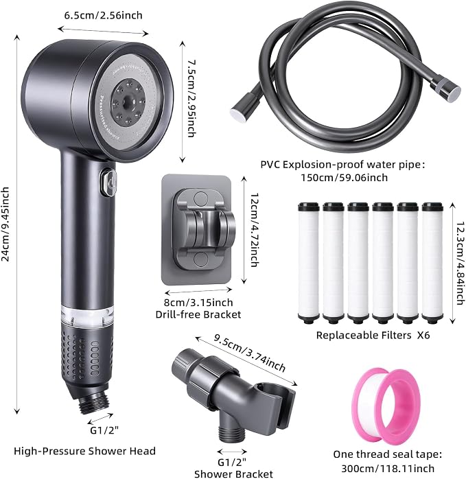 Handheld Filtered Shower Head - High Pressure 4-Spray, 7 Filters, 59" Hose & 2 Brackets, for Hard Water, Pet & Tile, Thick ABS