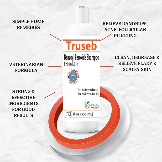 Truseb Clinically Medicated Benzoyl Peroxide 3% Shampoo for Dogs, Cats Horses - Helps Relieve Folliculitis, Dandruff, Oily & Flaky, Red, Itchy Skin–Deep Cleansing & Deodoriz-Passion Fruit Scent-12 oz