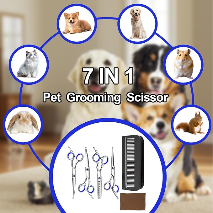 Dog Grooming Scissor, 7-in-1 Pet Grooming Scissor for Dogs, Professional Dog Grooming Kit with Safety Round Tips, Titanium Coated Cat Scissors Kit for Home Grooming (Blue)