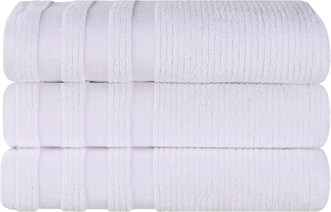 Superior Cotton Bath Towel Set, Zero Twist, Ribbed Geometric, Large Plush Absorbent Body Towels, Luxury Soft Quick Drying, Shower, Spa, Hotel, Pool, Guest Bathroom, Home Essentials, Set of 3, White