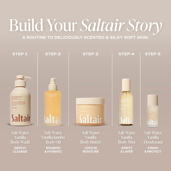 Saltair Body Oil - Jumbo Size Salt Water Vanilla After Shower and Bath Oil for Women and Men. Botanical, Non-Greasy, Well-Absorbing Moisturizer for Hydrating Dry Skin – 10oz Bottle
