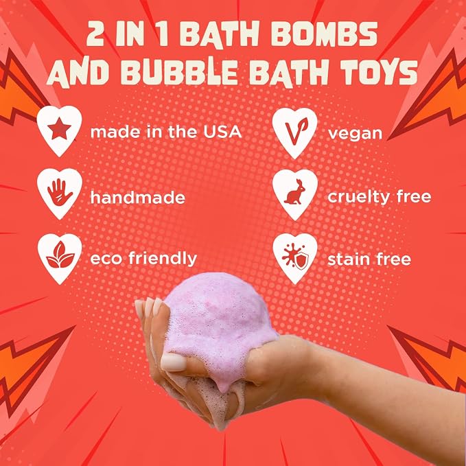 Superhero Bath Bombs for Kids & Boys with Surprise Hero Toys Inside (1 Pack) - Large Bubble Bath Bombs for Boys & Girls - Birthday Gift & Goodie Bags for Kids - Fruity Scent, USA Made by Two Sisters