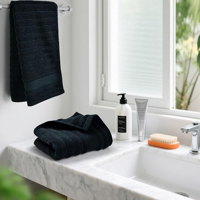 Jacquotha 4-Pack Bathroom Hand Towels (Black) Ribbed – Guest Room & Spa Premium Cotton Face Towels 13” x 29”, Soft and Quick Drying 480 GSM
