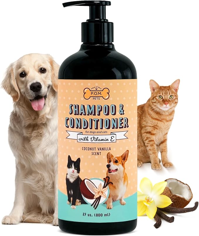 POM Pets 2-in-1 Organic Dog Shampoo & Conditioner – Itchy Skin Relief, Dog Deshedding, Detangles Fur, Cat Shampoo, Paw Cleaner for Dogs, Natural Coat Defense Formula