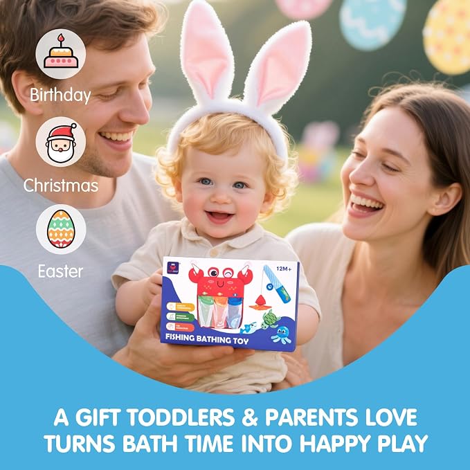 hahaland Bath Toys for Kids Ages 1-3 - Soft Magnetic Fishing Toys with Color Sorting Mesh, Mold Free Bathtub Shower Water Toy Toddler Educational Learning Shower Pool Toy for 1 Year Old Boy Girl Gifts