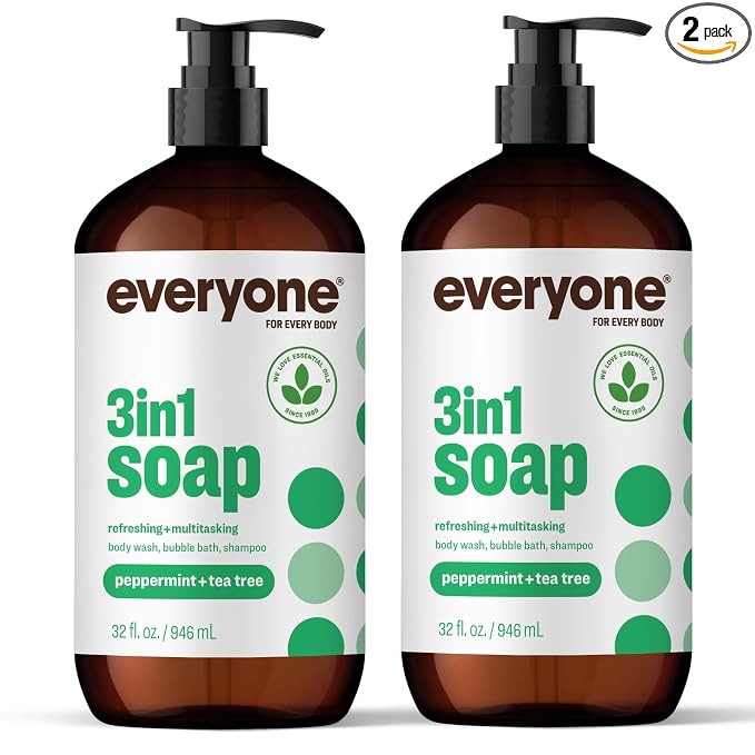 Everyone 3-in-1 Soap, Body Wash, Bubble Bath, Shampoo, 32 Ounce (Pack of 2), Peppermint Tea Tree, made with Essential Oils for Men and Women