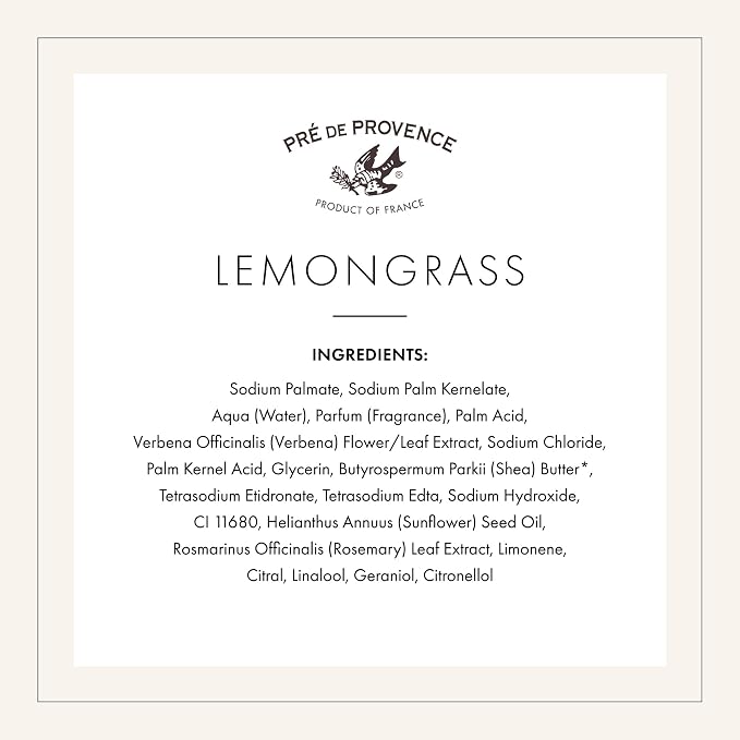 Pre de Provence Artisanal Soap Bar, Natural French Skincare, Enriched with Organic Shea Butter, Quad Milled for Rich, Smooth & Moisturizing Lather, Lemongrass, 5.3 Ounce