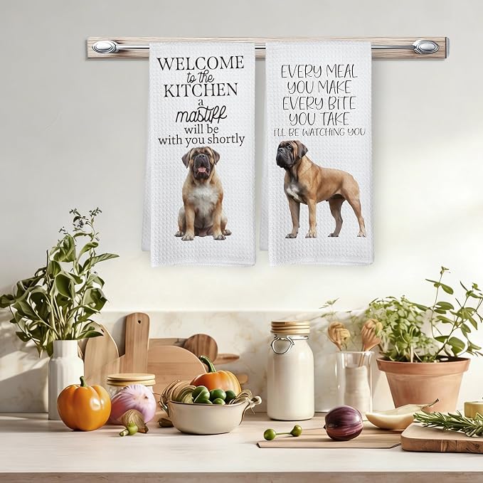 Funny Mastiff Dog Kitchen Towels, Mastiff Gifts Hand Towels, Dog Mom Dad Lovers Owner Gifts for Women Men Dishcloths Dish Towel for Kitchen 16x24 Inches Set of 2