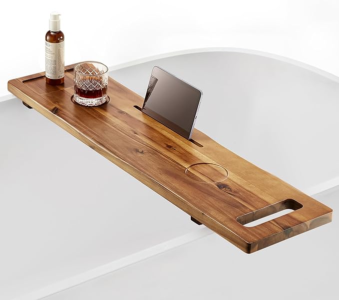 Tinamo Acacia Bathtub Caddy Tray Table | 39 x 9.75 x 2.5 Inch Large Bath Tub Tray Wooden | Anti-Tipping, Sustainable Tub Tray for Bathtub | Bathtub Accessories Holders for Bathtub (Acacia, 39x9.75) | Adjustable Feet, 39" x 9.75" x 2.5", Phone & Drink H...