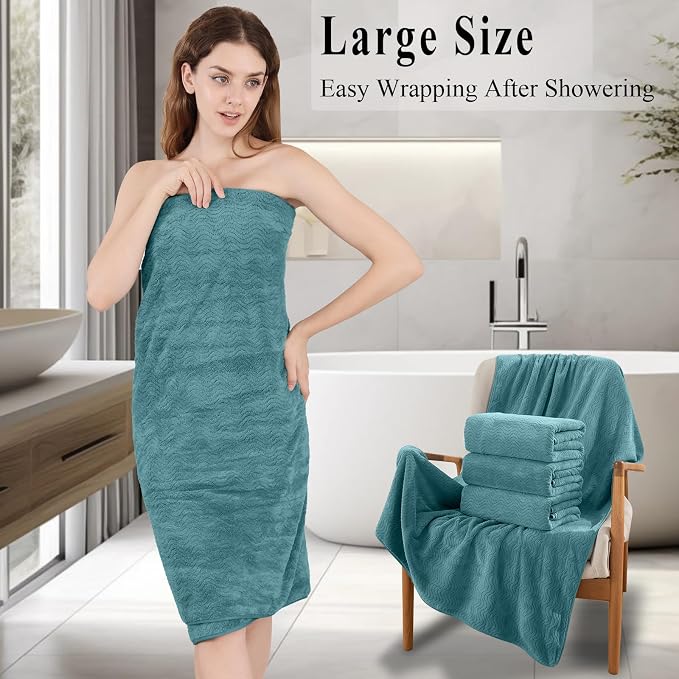 Turquoise Bath Towels Set of 4, Oversized Towels Large 35x70 Inch Shower Bathroom Towels Highly Absorbent Quick Dry Towel Textured Soft Bath Sheet Towels Set for Bathroom Hotel SPA Fitness Camping