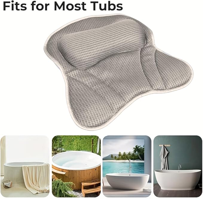 Bath Pillow 4D Bath Tub Pillows for Head Tub Pillow for Bathtub with 6 Non-Slip Suction Cups Bathtub Headrest Cushion Fits All Bathtubs(Color:Grey)