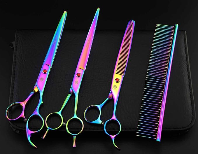 Purple Dragon 8 inch 3 in 1 Professional Pet Grooming Thinning Scissors - Upward Curved Shears and Dog Hair Cutting Scissor - Perfect for Pet Groomer or Family DIY Use (Rainbow)