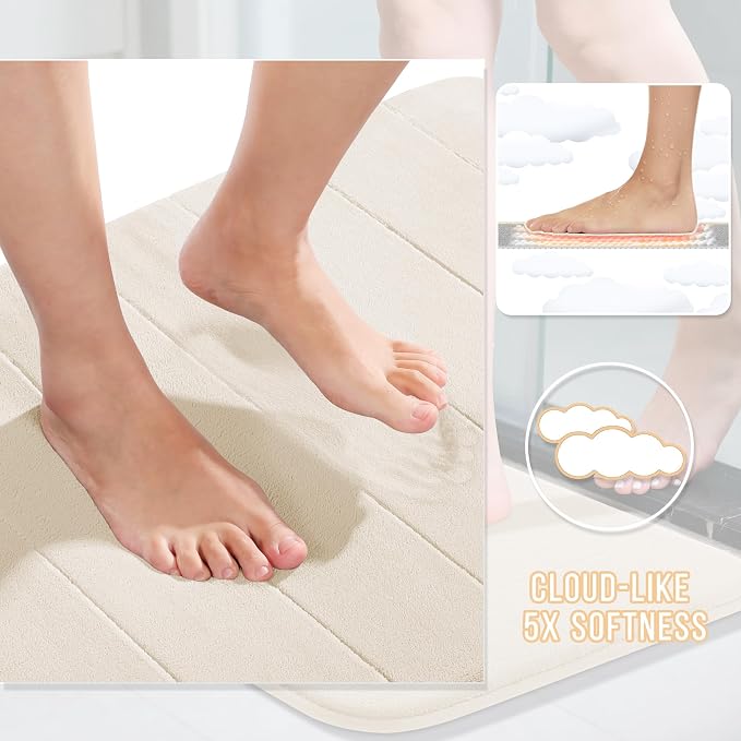Yimobra U-Shaped Toilet Bath Mat Set 2 Piece - Soft Absorbent Quick Dry Memory Foam Bathroom Rugs, Machine Washable Non Slip Floor Carpet for Tub Shower & Single Sink (17x24 & 24x20, Cream White)