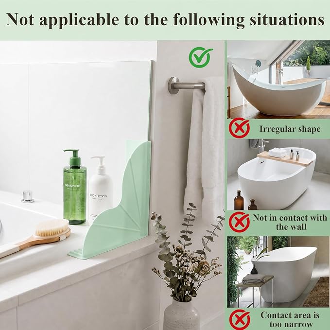 2-Pack Green All-Silicone Bathtub Splash Guards. | No-Glue Corner Water Stopper with Secure Suction Cups, Easy On/Off Bath Tub Leak Proof Barrier for Walk-in Showers.