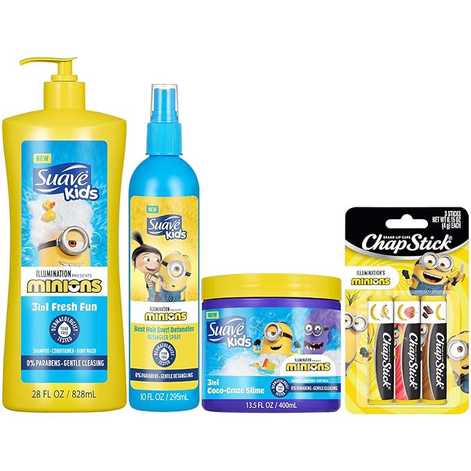 Suave Kids + ChapStick Minions 4-Piece Bundle – 3-in-1 Shampoo, Conditioner & Body Wash, Coco-Craze Slime, Hair Detangler Spray, and Banana-Flavored Lip Balm Set