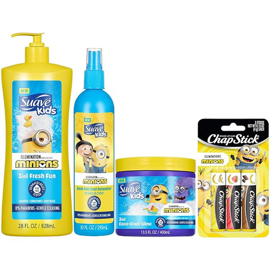 Suave Kids + ChapStick Minions 4-Piece Bundle – 3-in-1 Shampoo, Conditioner & Body Wash, Coco-Craze Slime, Hair Detangler Spray, and Banana-Flavored Lip Balm Set