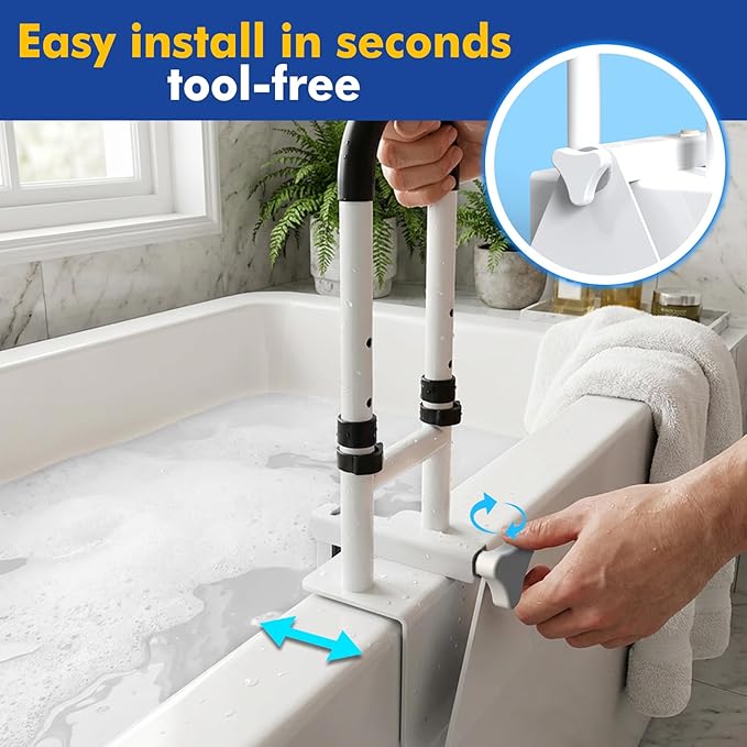 Adjustable Bathtub Safety Bar,Bathroom Grab Bar for Elderly&Seniors,Fall Prevention Assist Handle with Tool-Free Stallation,Knob-Clamp Design,250lbs Capacity,White
