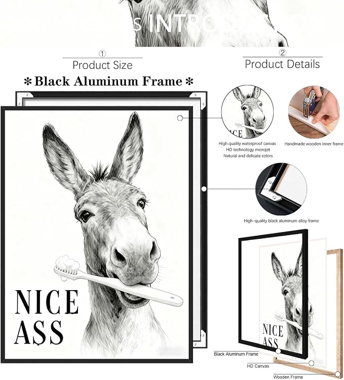 Funny Bathroom Wall Art Black and Grey Painting Prints with Nice Ass Quotes Framed Animals Artwork for Washroom Restroom Toilet Home Decoration Aesthetic Family Wall Decor 8X12 in Unframed