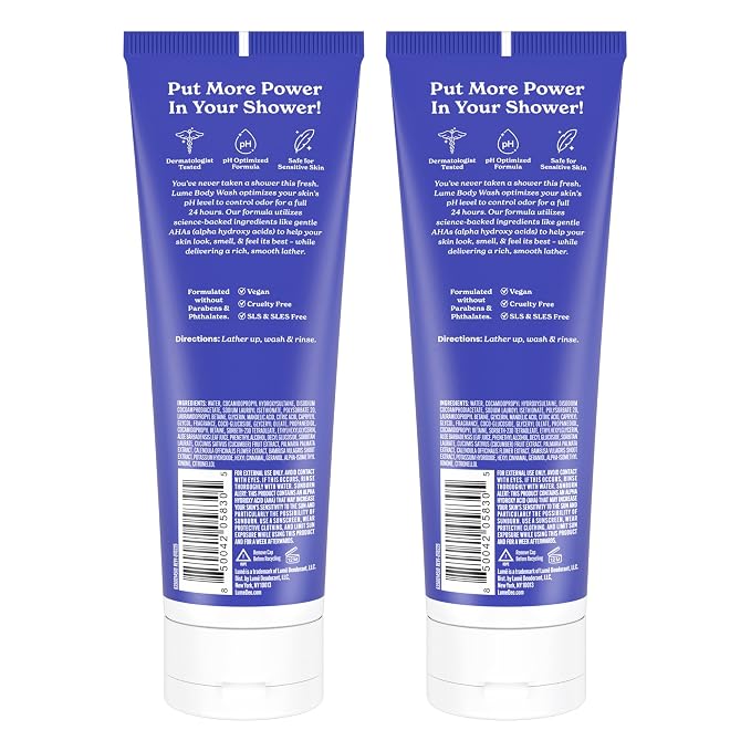Lume Acidified Body Wash for 24 Hour Odor Control - Removes Odor Better than Soap - Hydrating Formula - Formulated without SLS or Parabens - Safe for Sensitive Skin - 8.5 Ounce - 2 Pack (Soft Powder)