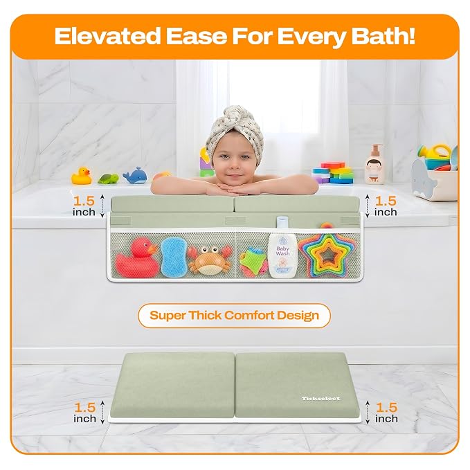 Bath Kneeler and Elbow Rest Pad Set-Baby Bath Kneeler with 1.5'' Comfortable Thick Memory Foam, Non-Slip Knee & Arm Support for Baby Bath Time,Foldable Bath Mat for Baby Storage Pockets (Green)
