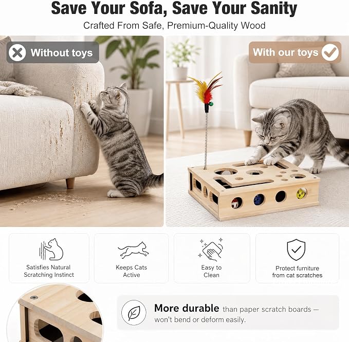 Cat Nail File Enrichment Box for Indoor Cats Solid Wood Cat Scratcher with Built in Sandpaper Self Grooming Puzzle Toy Stress Free Alternative to Cat Nail Clippers & Grinders