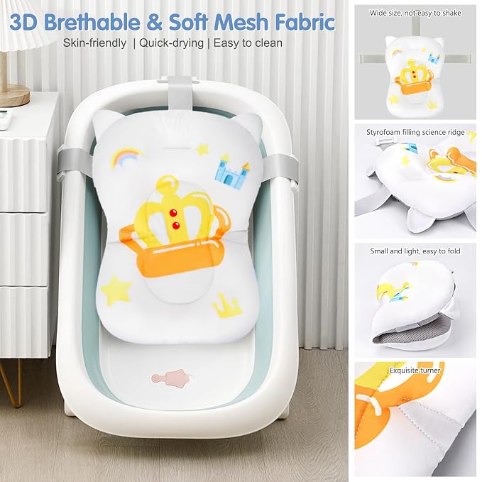 Colorlife Baby Bath Seat Support Net Infant Bathing Seat Support Mat, Adjustable Comfortable Non-Slip Three-Pointed Baby Shower Net Bathtub Sit Up Mesh for Newborn 0-12 Months-White Crown(No Bathtub)
