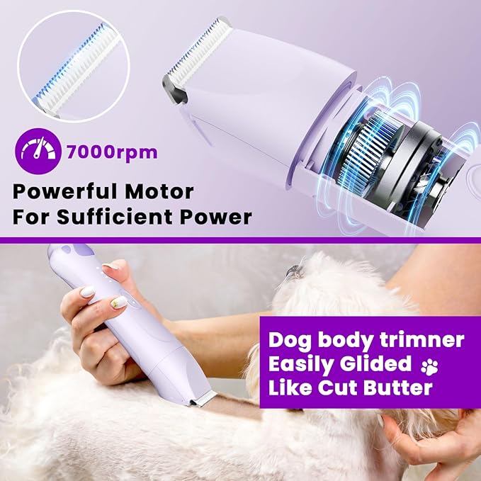 Dog Paw Trimmer - 4-in-1 Dog Clippers Grooming Kit with Low Noise & IPX7 Waterproof Design Includes Comb Paw Trimmer Nail Grinder - Rechargeable & Cordless Pet-Friendly Clipper (Purple)