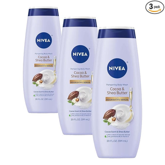 Nivea Pampering Cocoa and Shea Butter Body Wash with Nourishing Serum, Moisturizing Body Wash for Women, Enriched with Provitamin B5 and Vitamin E, 20 Fl Oz Bottle (Pack of 3)