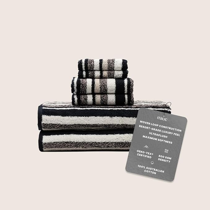 Italic Ultraplush Luxe 6 Piece Towel Set – 2 Bath Sheets, 2 Hand Towels, 2 Washcloths – 800GSM Soft, Highly Absorbent & Quick Drying, Resort Grade 100% Australian Cotton Towels (Stripe Multi-Color)
