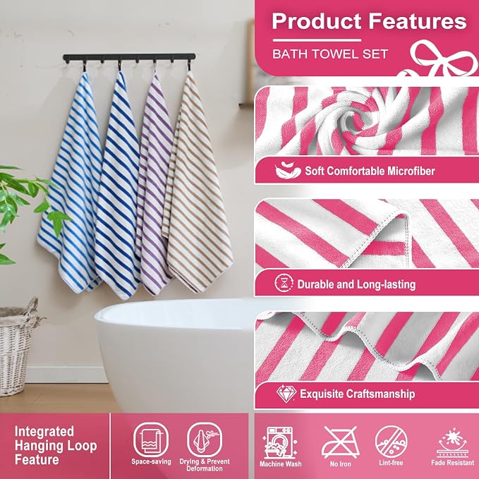 JML Beach Towels, 4 Pack, 30" x 60", Large Microfiber Bath Towel Set, Cabana Stripe, Absorbent, Quick Dry for Salon, Sauna, Hotel, Travel, Sport, Swimming, Pool, Yoga, Camping, Stripe Pink White