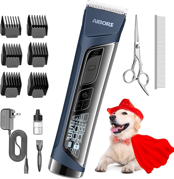 Dog Clippers for Grooming, 5 Speed & Self-Sharpening Blade, Cordless Low Noise Rechargeable 2600mAh 5H Runtime, LCD Display, 6 Guide Combs for Dogs Cats(Blue)