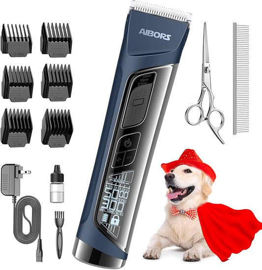 Dog Clippers for Grooming, 5 Speed & Self-Sharpening Blade, Cordless Low Noise Rechargeable 2600mAh 5H Runtime, LCD Display, 6 Guide Combs for Dogs Cats(Blue)