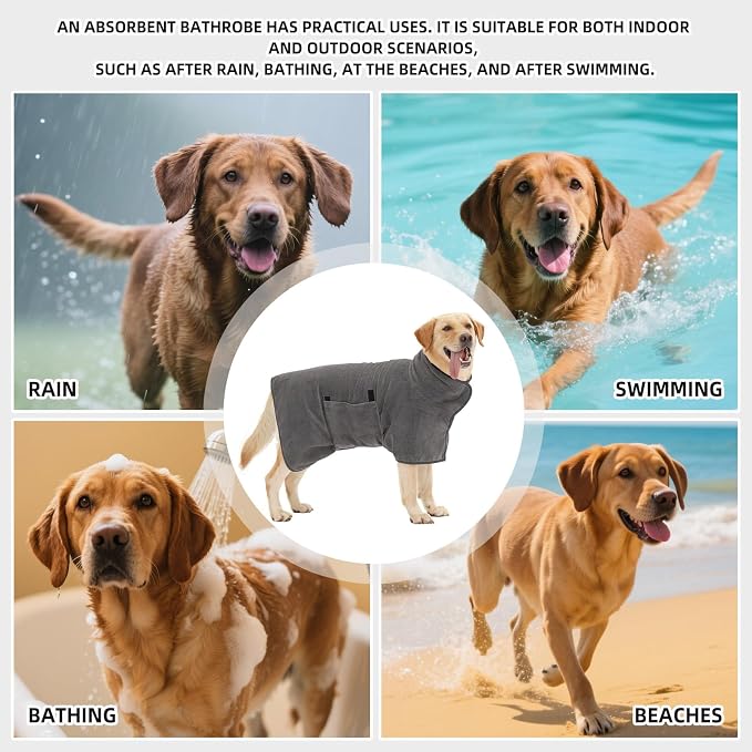 Dog Bathrobe, Quick Drying Super Absorbent Dog Robes for After Bath, Warm Keeping Dogs Towel, Dogs Bath Supplies, Comfortable Soft Drying Coat (Medium, Grey)