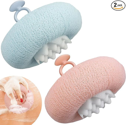 2Pcs Upgrade 2-in-1 Sunflower Bath Ball,Soft Bath Ball with Hanging and Adsorbable Suction Cup，Exfoliating Bath Sponges for Shower Women Men (Pink+Blue-Green)