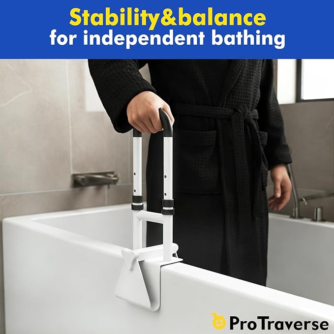 Adjustable Bathtub Safety Bar,Bathroom Grab Bar for Elderly&Seniors,Fall Prevention Assist Handle with Tool-Free Stallation,Knob-Clamp Design,250lbs Capacity,White