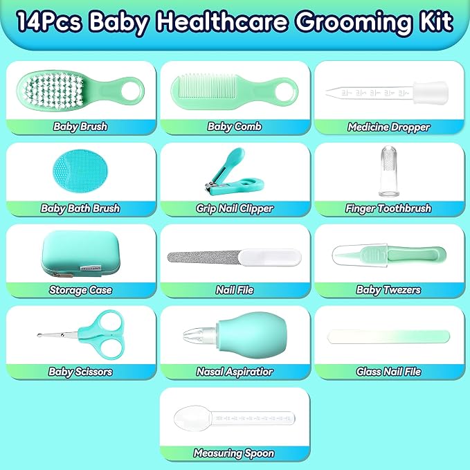 Baby Healthcare and Grooming Kit, 20 in 1 Baby Safety Set Newborn Nursery Health Care Set with Hair Brush Scale Nail Clippers for Baby Girls Boys(20 kits Pink) (Green)
