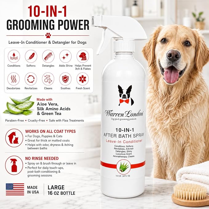 Warren London 10-in-1 After Bath Dog Spray | Leave-in Conditioner & Detangler for Dogs | Aloe Vera, Silk Amino Acids & Green Tea | Fresh Scent | 4oz Travel Size | Made in USA