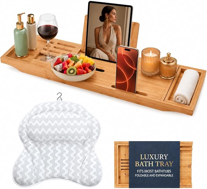 Bath Tray for Tub and Ergonomic Pillow Premium - Caddy Foldable 29 to 43 Inch - Bamboo Wood Tub Organizer - Luxury Bathtub Tray - Bathroom Accessories for Mothers, Birthday Gifts for Mom