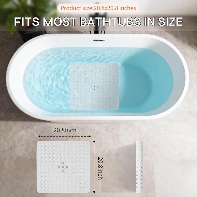 Anti-Slip Bathtub Shower mat, 21×21（ 53×53cm） inch Soft Oversized Machine Washable Non-Slip Bathtub mat with Drainage Holes, Bathroom Floor Suction Cup.（1-Opaque White）