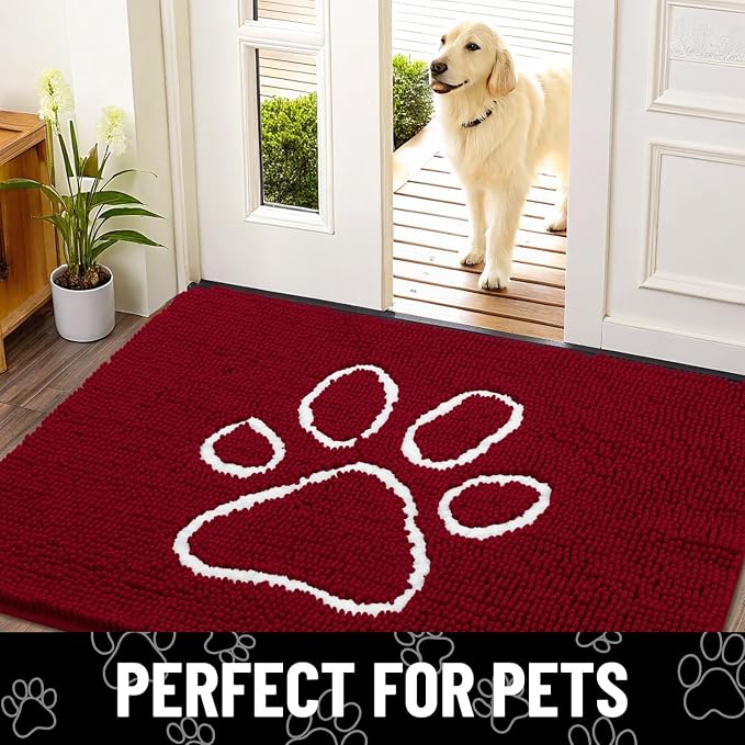 Smiry Dog Door Mat for Muddy Paws, Absorbent Dirt Trapper Non Slip Quick Dry Washable Chenille Mat for Mud Dogs, Entry Rug for Indoor and Outdoor (48x30 Inches, Red and White)